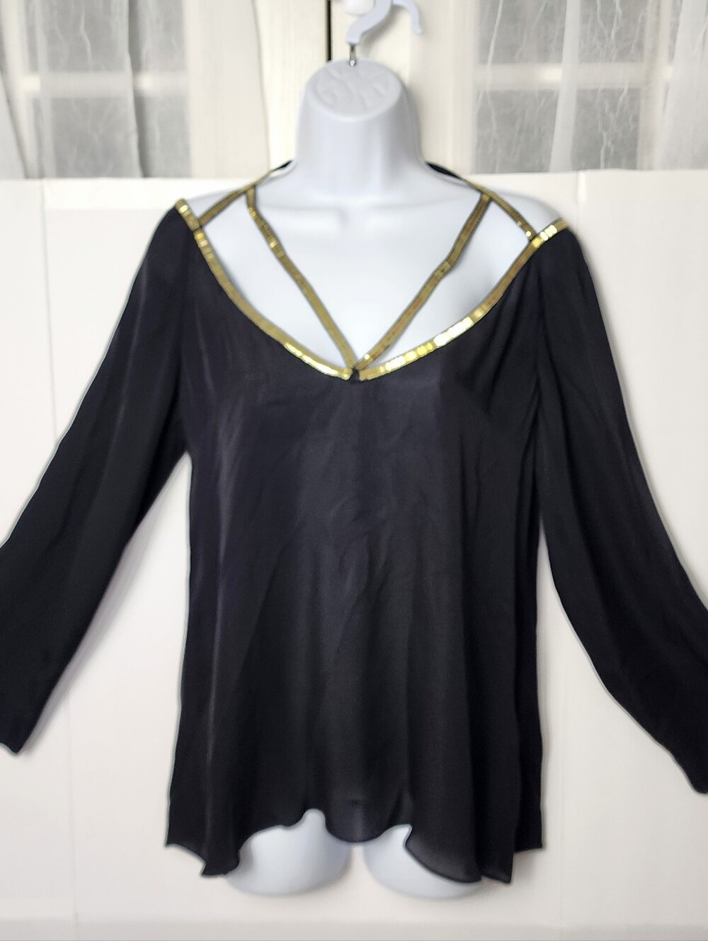 GIANNI VERSACE Sheer Silk Top 42 M Black Gold Studs Strappy Indie Sleaze Vtg